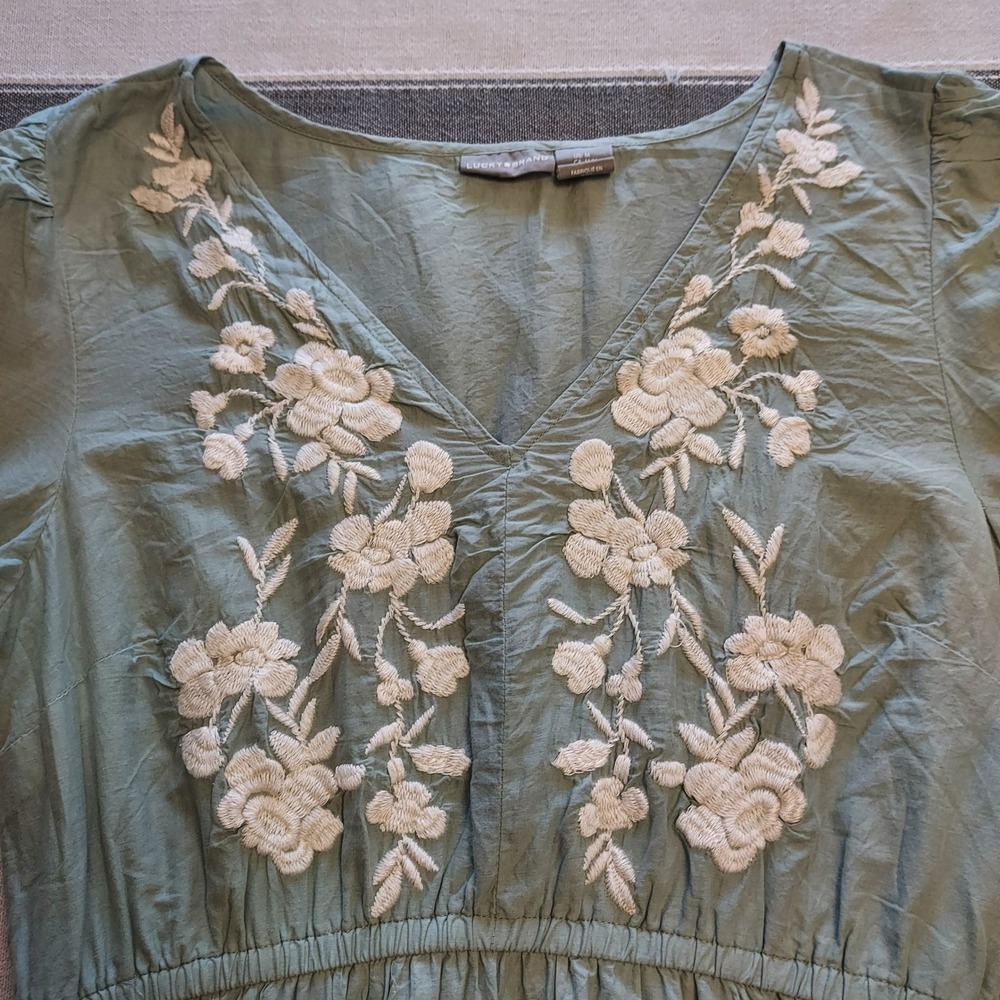 Lucky Brand Dress‎ Midi Med Sage Floral Embroidered Tiered 3/4 Sleeve Peasant